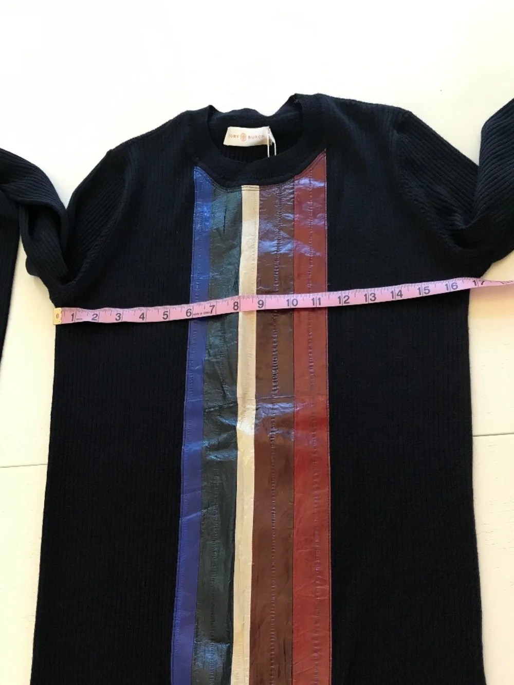 TORY BURCH RETRO-MOD JACINTHE SWEATER NAVY MIRINO WOOL EEL LEATHER STRIPES